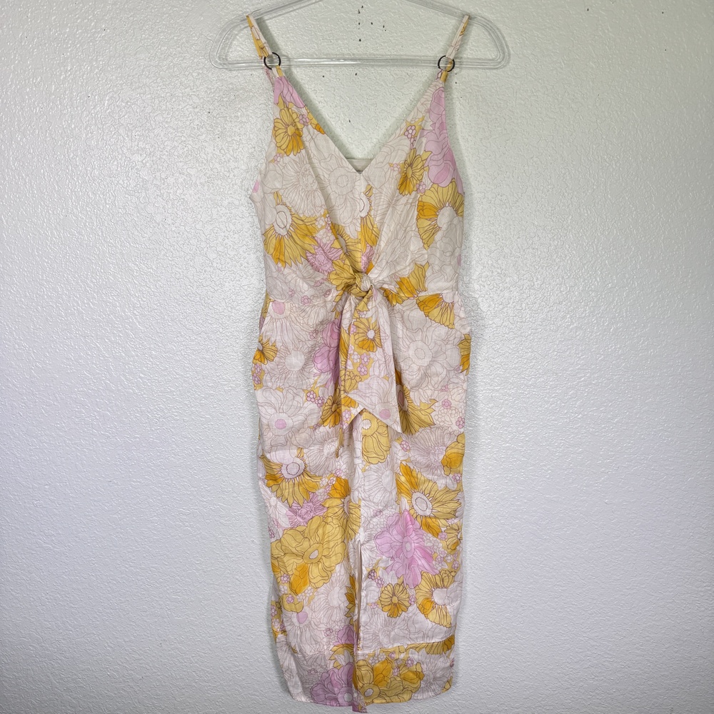 Reiss Kay Midi Dress Womens 6 Tie Front Linen Blend Floral Spring Pockets Chic